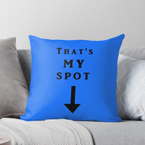 "That's My Spot" themed throw pillow featuring a Sheldon Cooper quote from the popular TV series Big Bang Theory.