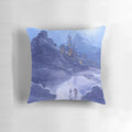 A soft, plush pillow featuring a whimsical fantasy landscape of a snowy castle nestled in the mountains.