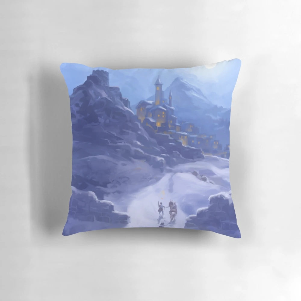 A soft, plush pillow featuring a whimsical fantasy landscape of a snowy castle nestled in the mountains.