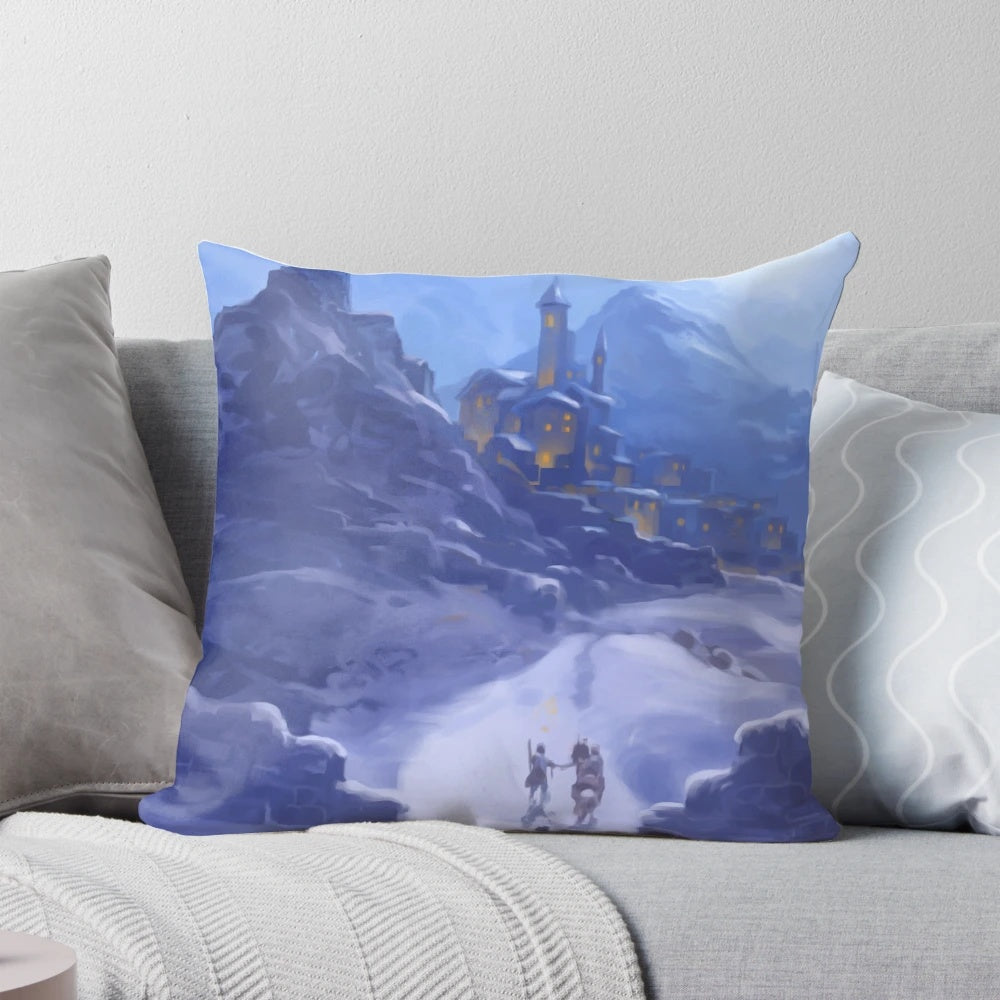 A soft, plush pillow featuring a whimsical fantasy landscape of a snowy castle nestled in the mountains.