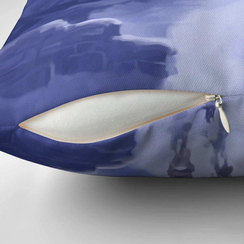 A soft, plush pillow featuring a whimsical fantasy landscape of a snowy castle nestled in the mountains.