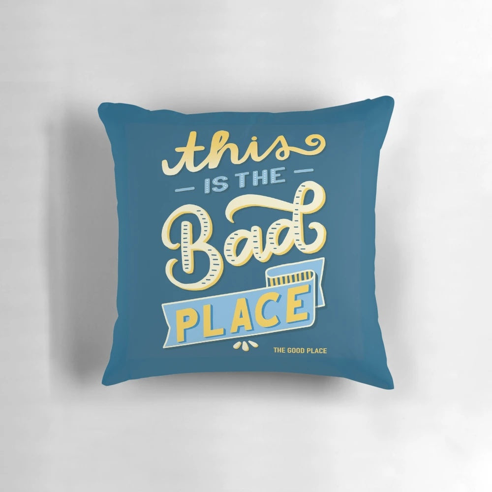 The Bad Place Pillow featuring characters from the comedy TV series 'The Good Place