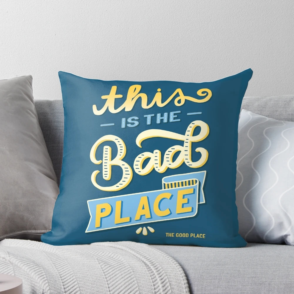 The Bad Place Pillow featuring characters from the comedy TV series 'The Good Place