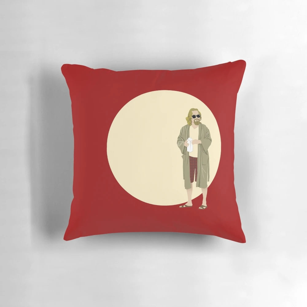 The Big Lebowski inspired circle pillow featuring the iconic Dude character