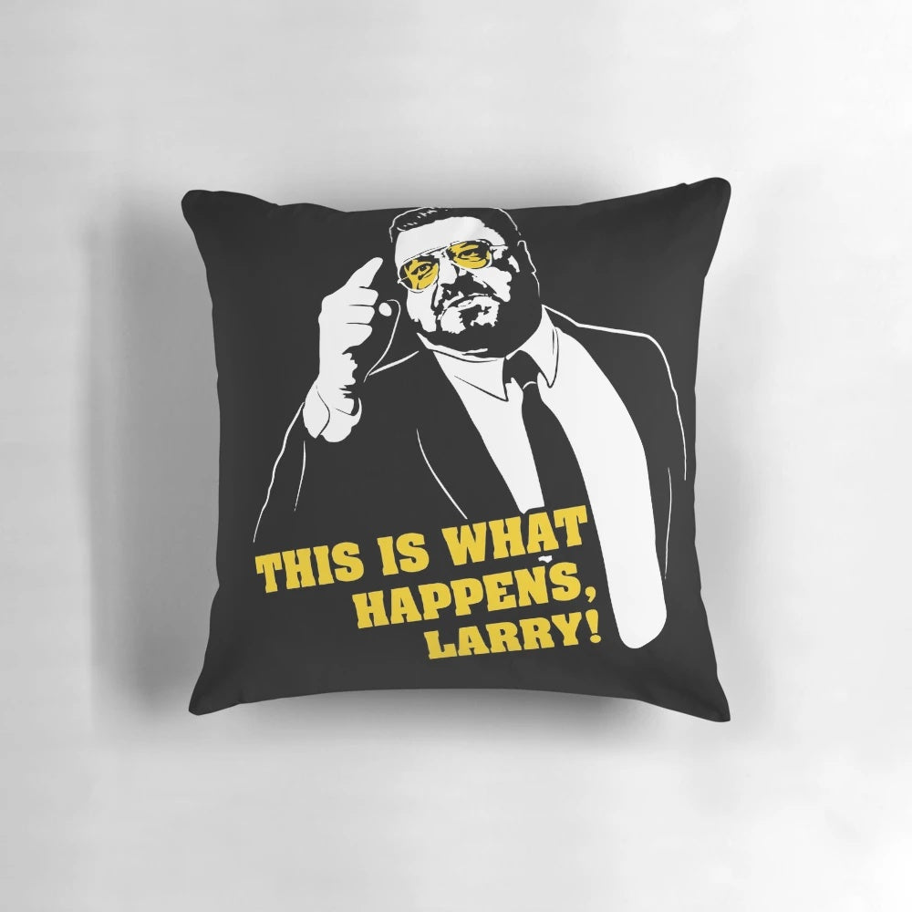 A plush pillow featuring a still from the Coen brothers' cult classic film "The Big Lebowski" with the character Larry Lebowski.