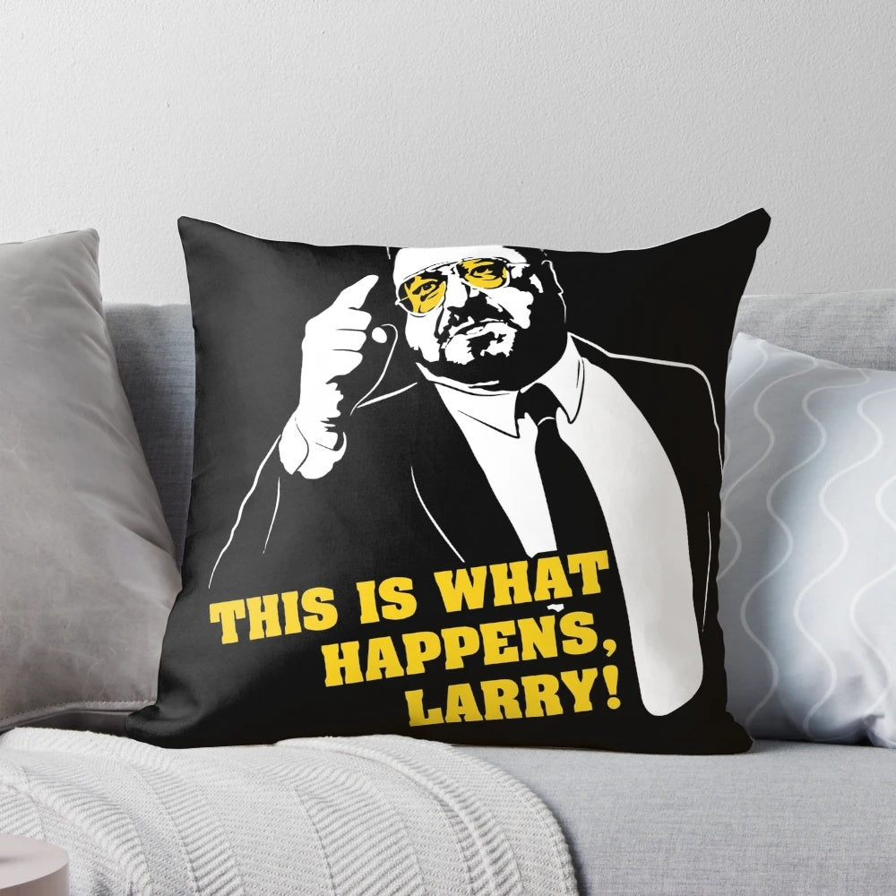 A plush pillow featuring a still from the Coen brothers' cult classic film "The Big Lebowski" with the character Larry Lebowski.
