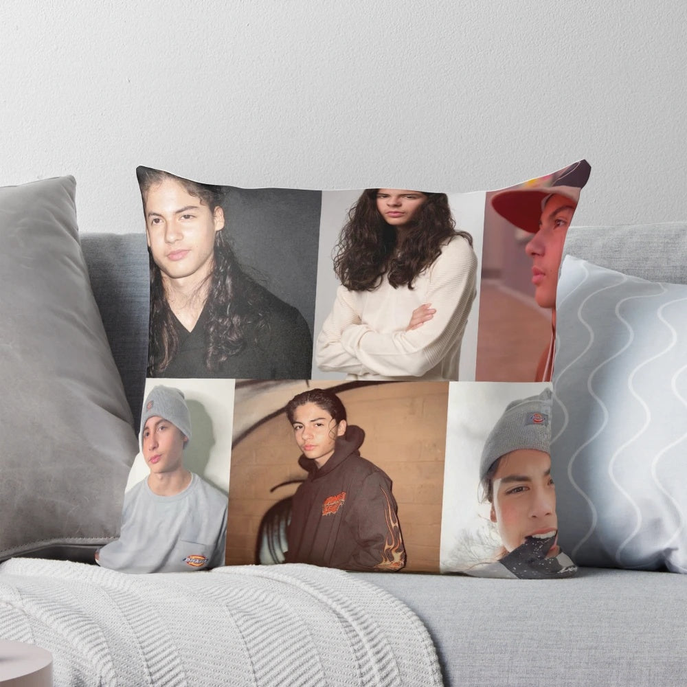 A stylish collage pillow featuring actor Miguel Cazarez Mora from the horror film The Black Phone.