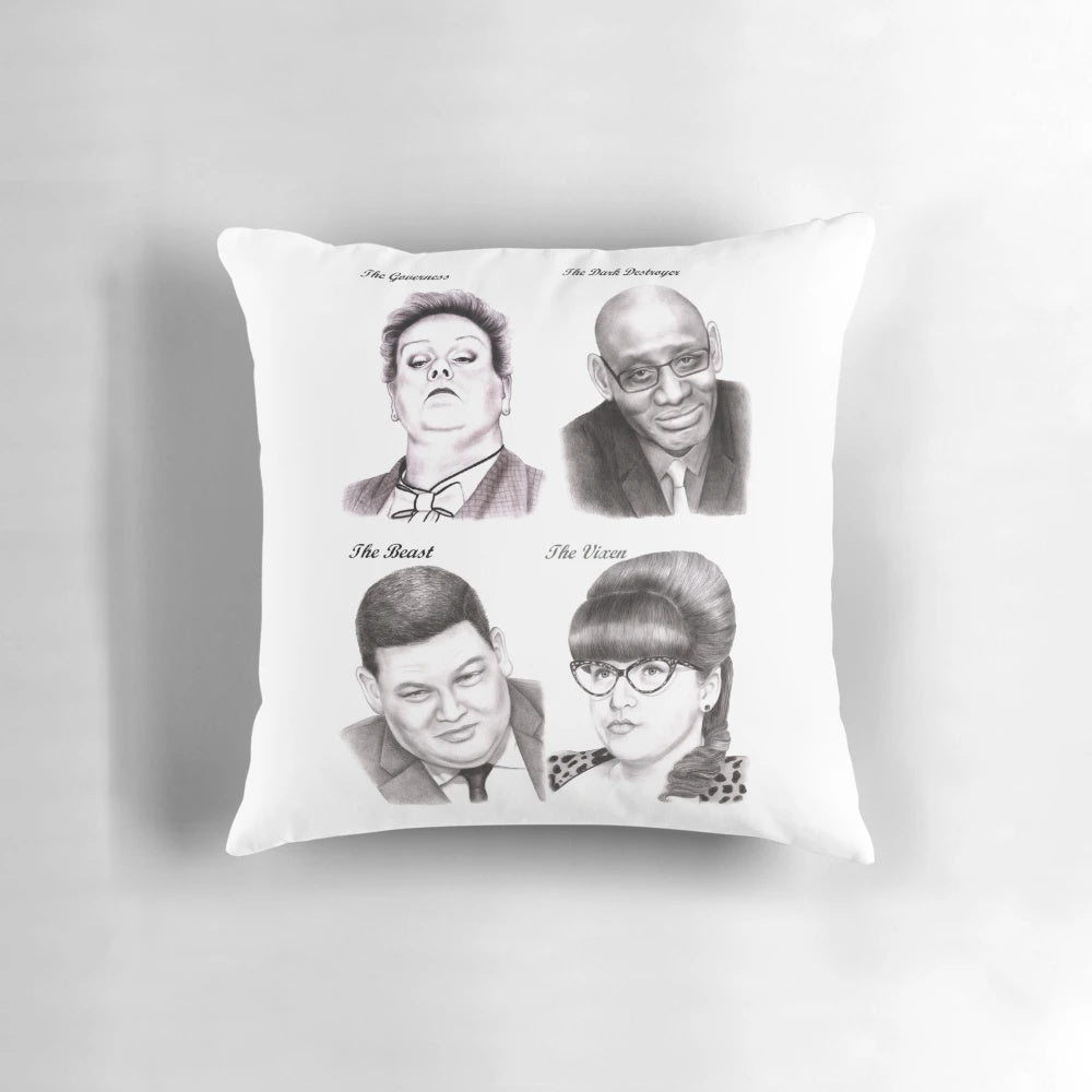 A plush, comfortable pillow featuring the cast of the popular ITV quiz show "The Chasers
