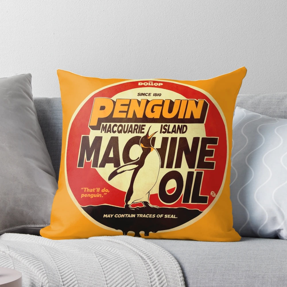 The Dollop Podcast Penguin Oil Pillow, a soft and plush home decor item featuring the logo and branding of the popular comedy history podcast.