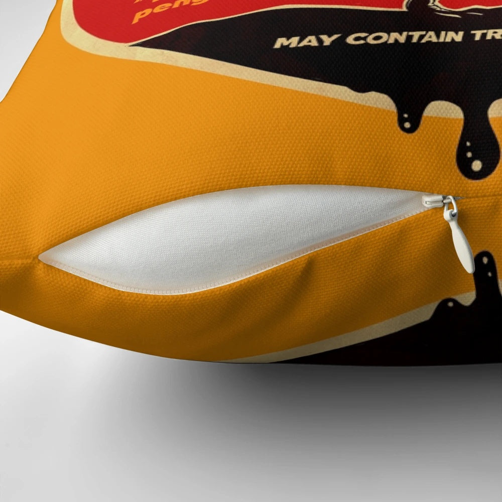 The Dollop Podcast Penguin Oil Pillow, a soft and plush home decor item featuring the logo and branding of the popular comedy history podcast.