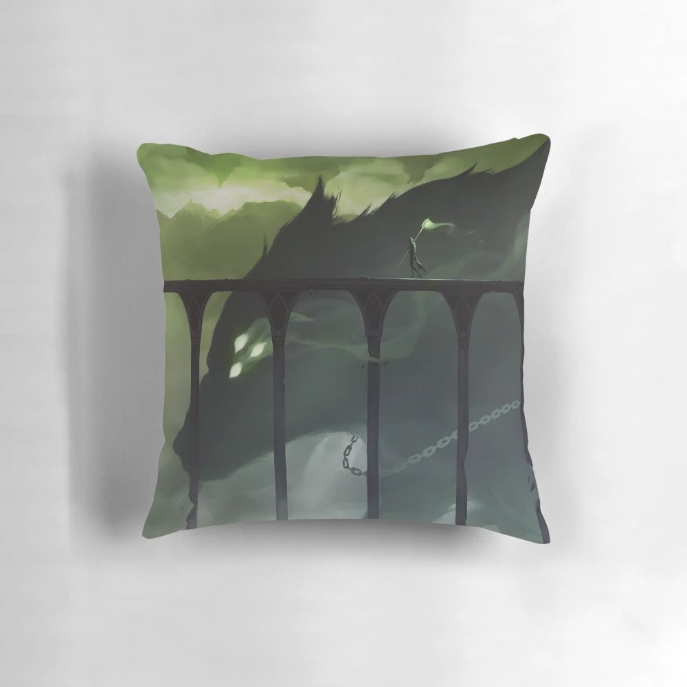 The End Pillow featuring a fantasy wolf design, perfect for Dragon Age fans