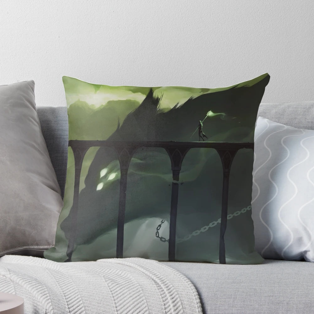The End Pillow featuring a fantasy wolf design, perfect for Dragon Age fans