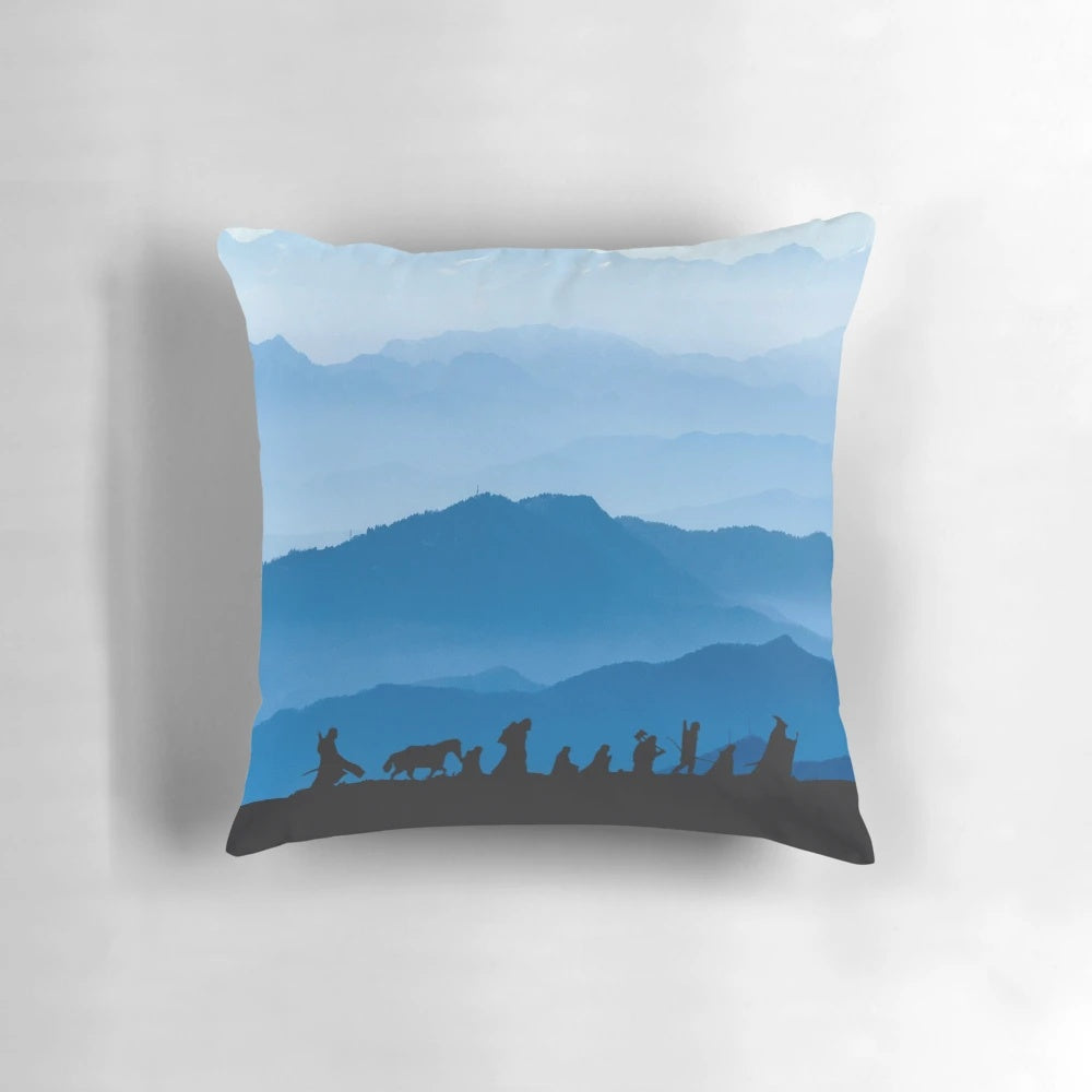 A cozy pillow featuring imagery and designs inspired by the Lord of the Rings and The Hobbit by J.R.R. Tolkien.