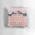 Colorful movie poster for "The Grand Budapest Hotel" by Wes Anderson, featuring the iconic hotel and characters