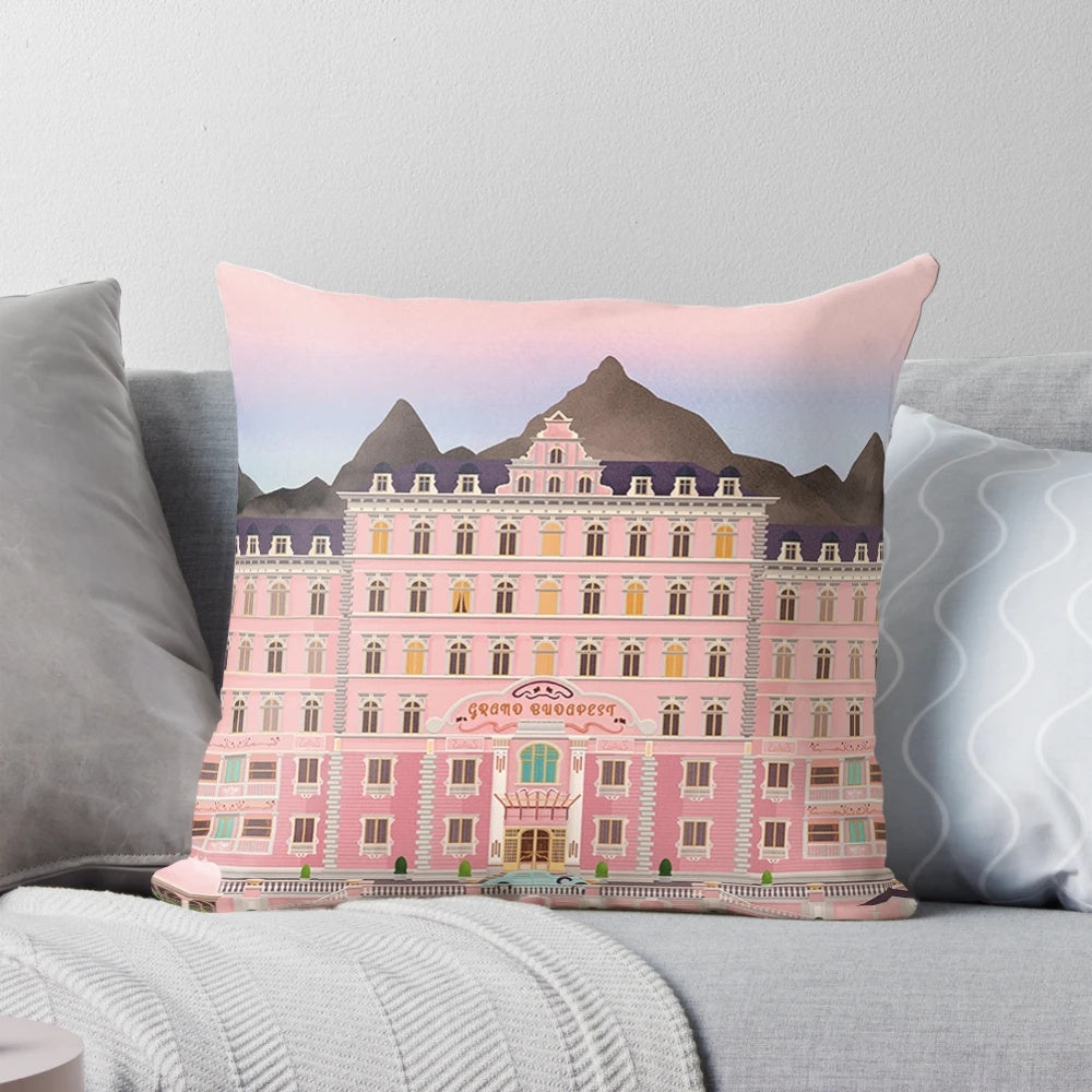 Colorful movie poster for "The Grand Budapest Hotel" by Wes Anderson, featuring the iconic hotel and characters