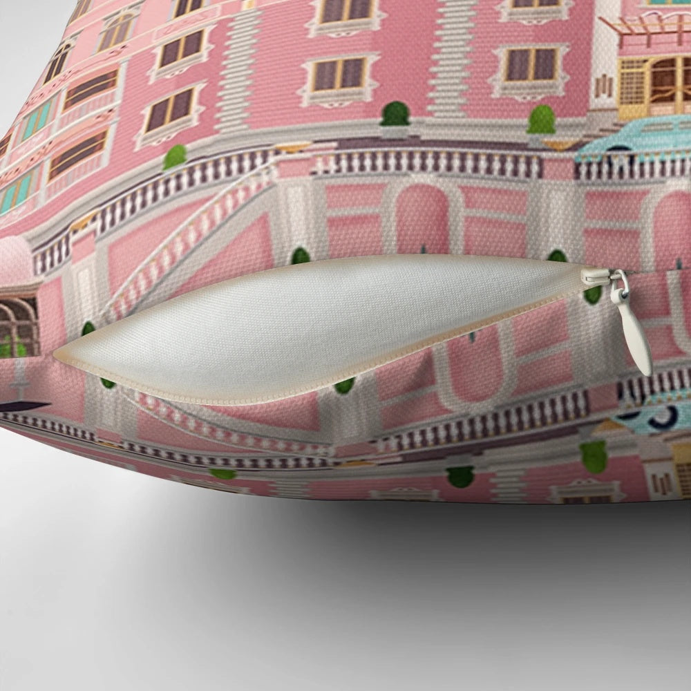 Colorful movie poster for "The Grand Budapest Hotel" by Wes Anderson, featuring the iconic hotel and characters
