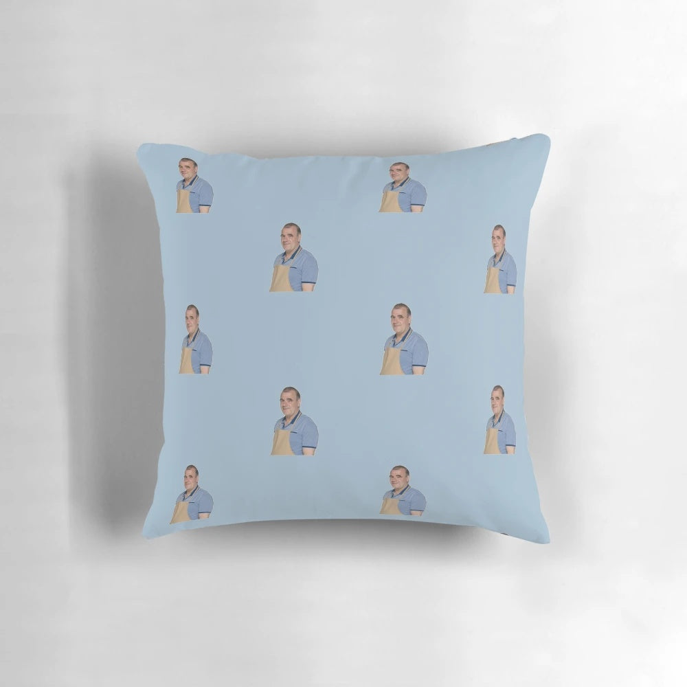 Soft, plush pillow featuring Jurgen, a fan-favorite contestant from The Great British Bake Off