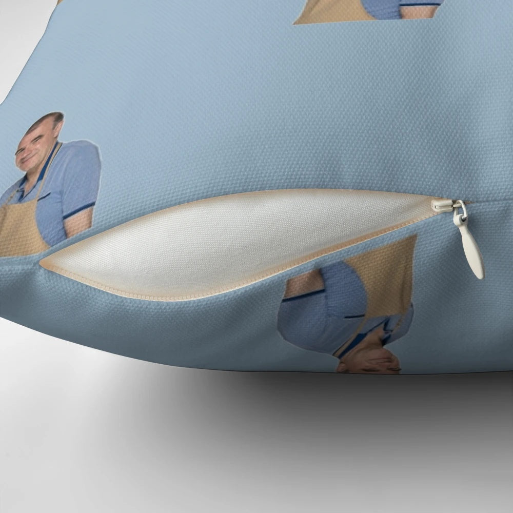 Soft, plush pillow featuring Jurgen, a fan-favorite contestant from The Great British Bake Off
