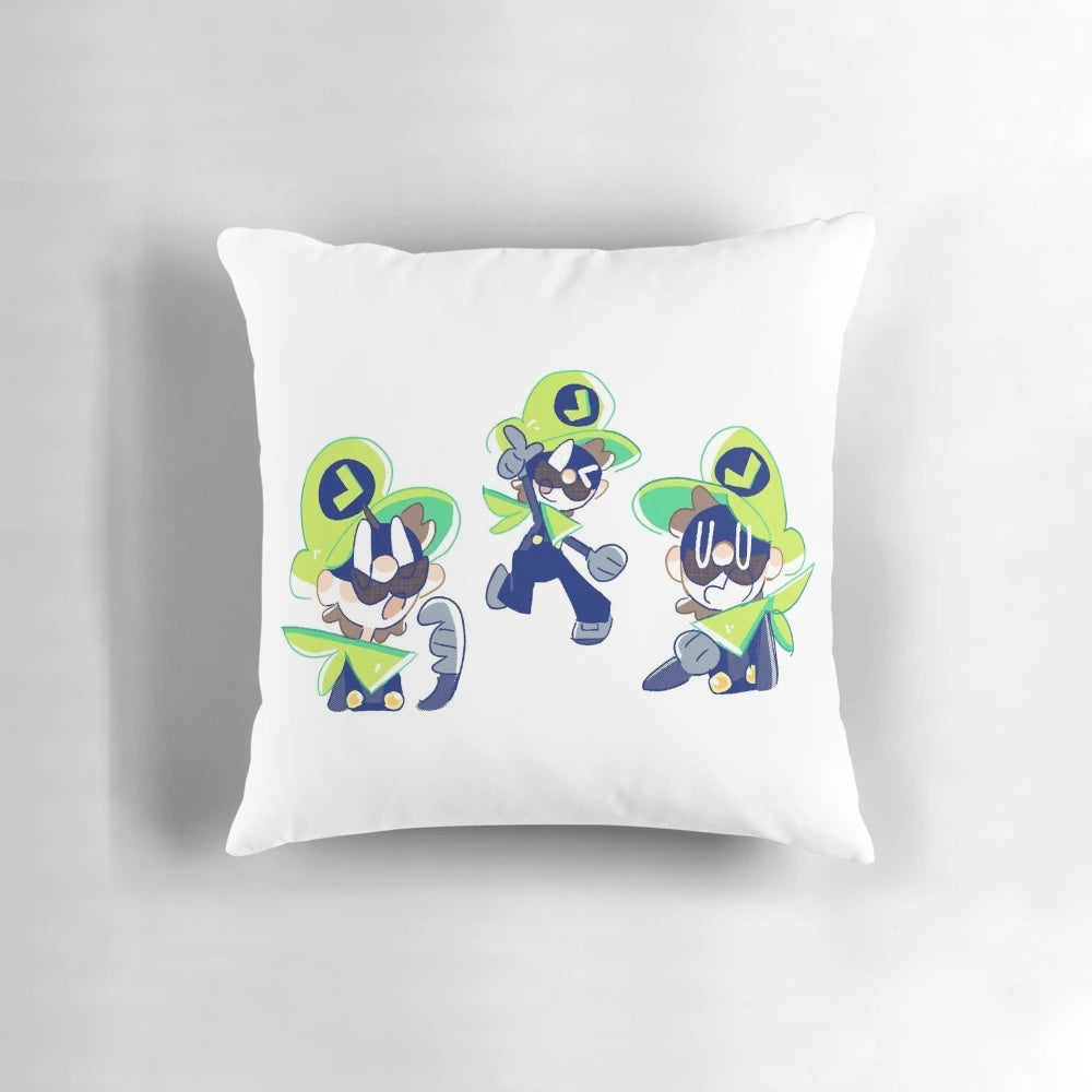 A green and yellow pillow featuring a chibi version of Mr. L from Super Paper Mario.