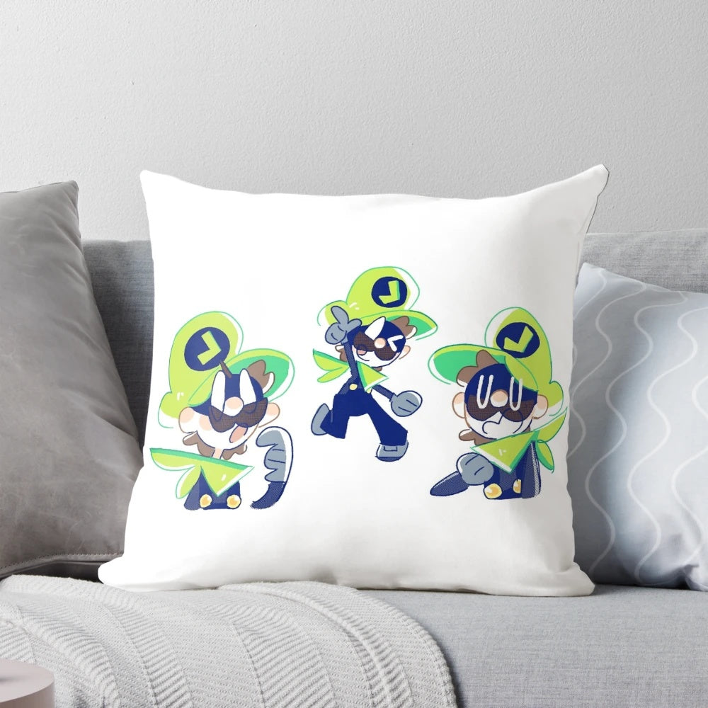 A green and yellow pillow featuring a chibi version of Mr. L from Super Paper Mario.