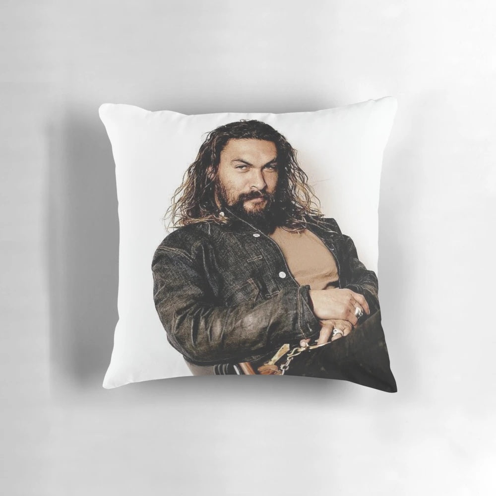 A high-quality pillow featuring the image of the beloved actor Jason Momoa, known for his role as Aquaman.
