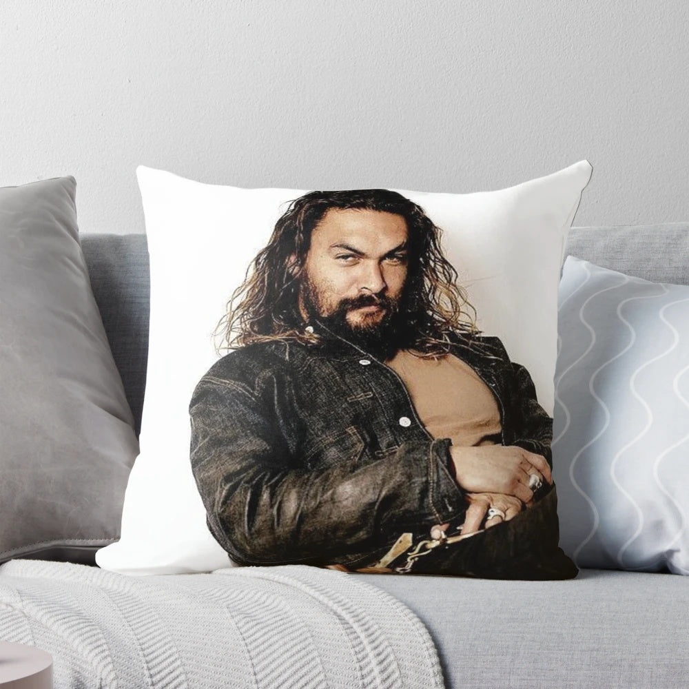 A high-quality pillow featuring the image of the beloved actor Jason Momoa, known for his role as Aquaman.