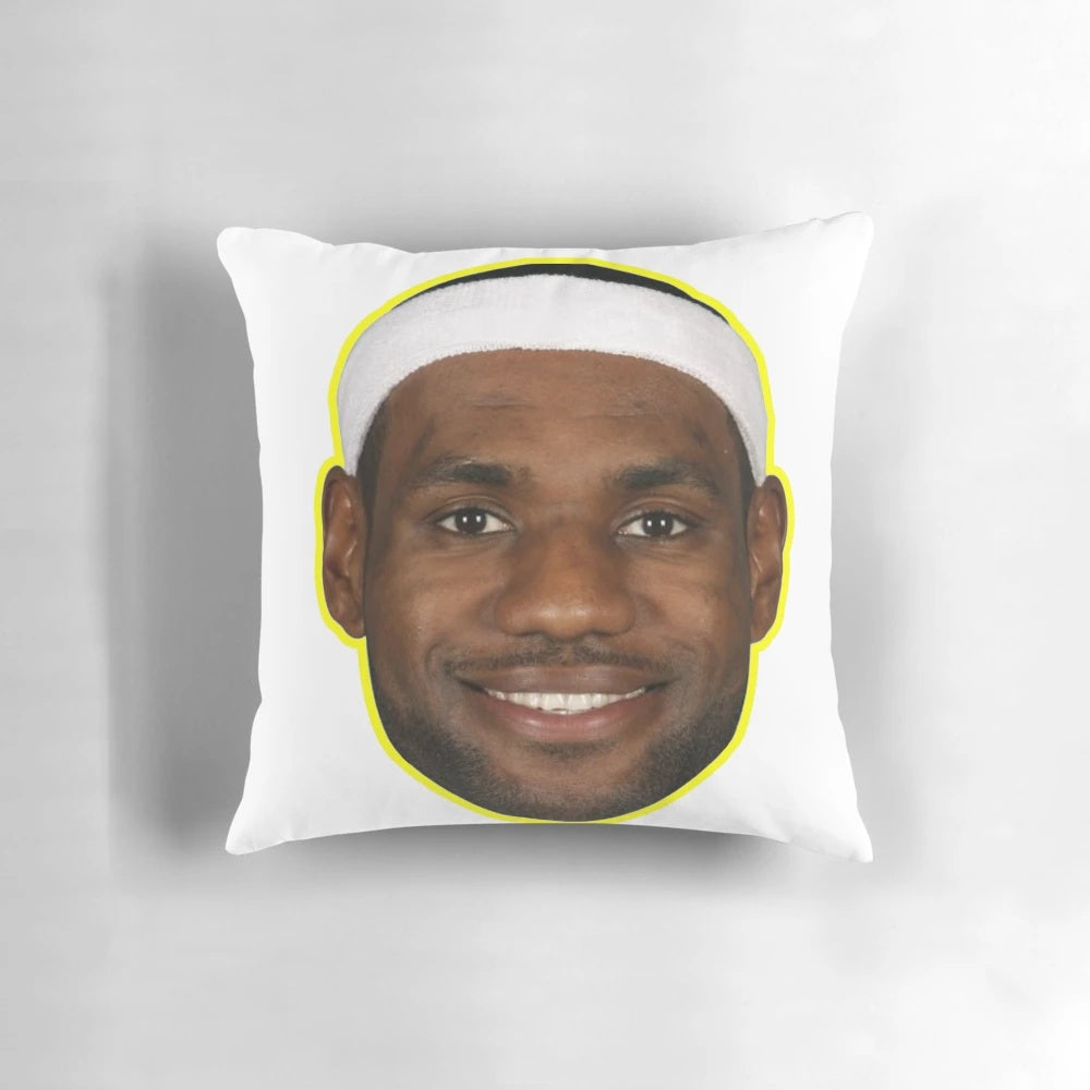 A plush pillow featuring LeBron James' iconic smile, perfect for basketball fans