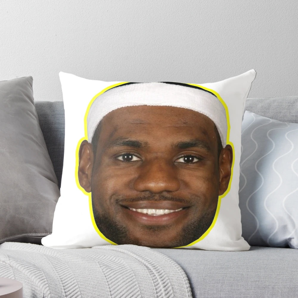 A plush pillow featuring LeBron James' iconic smile, perfect for basketball fans