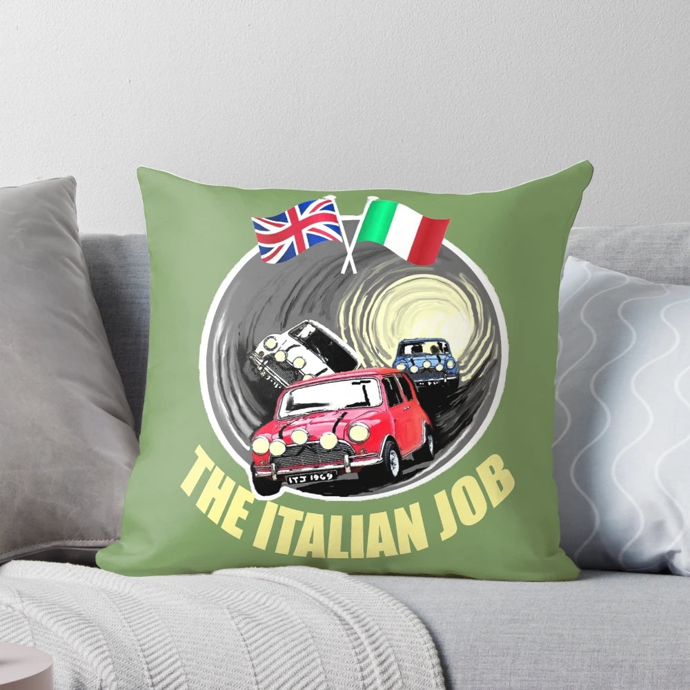 A cozy pillow featuring the iconic movie "The Italian Job" with Michael Caine and classic Mini Coopers.