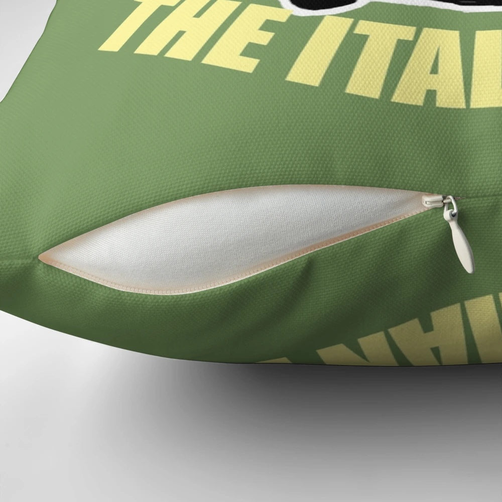 A cozy pillow featuring the iconic movie "The Italian Job" with Michael Caine and classic Mini Coopers.