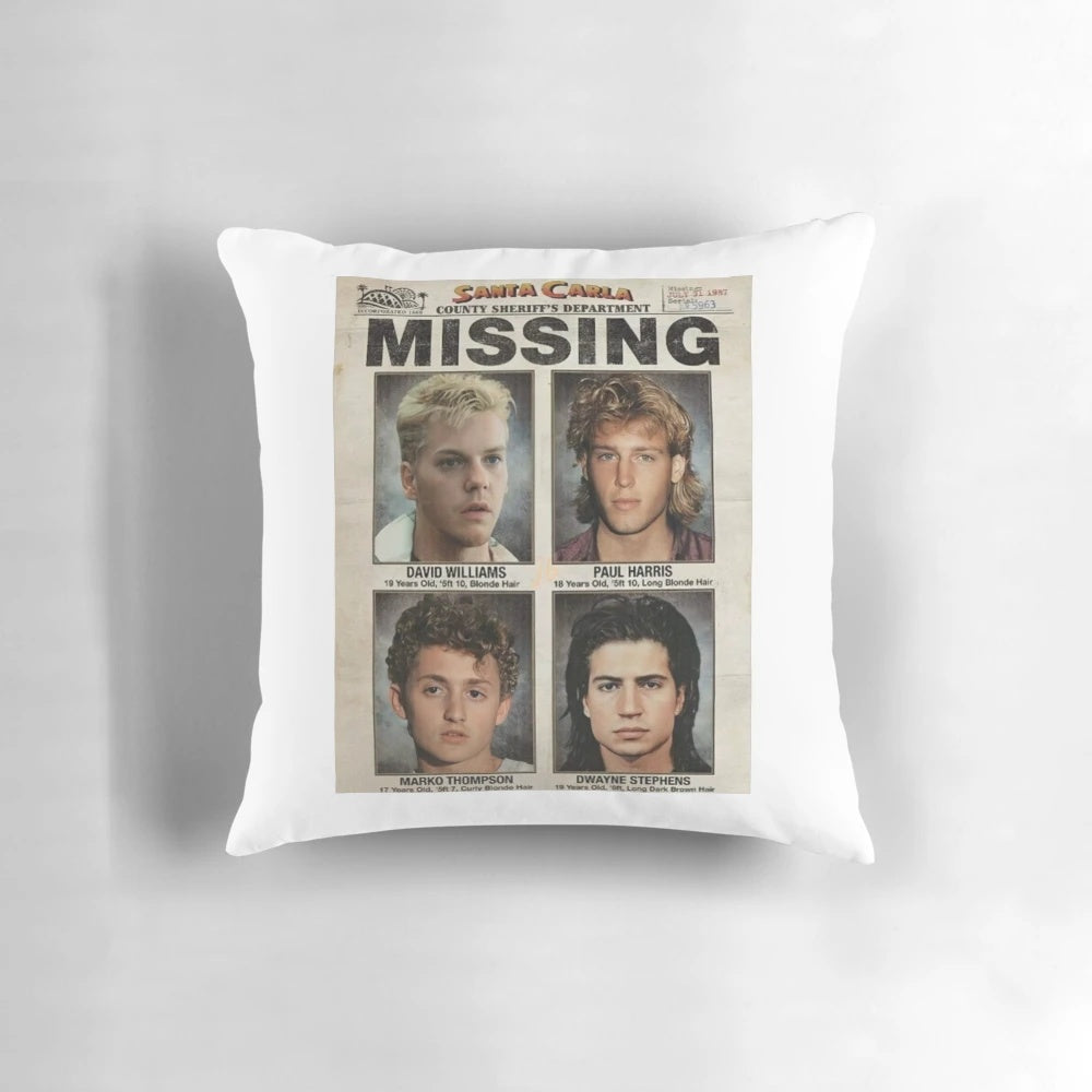 The Lost Boys missing flyer pillow featuring iconic imagery from the 80s vampire movie
