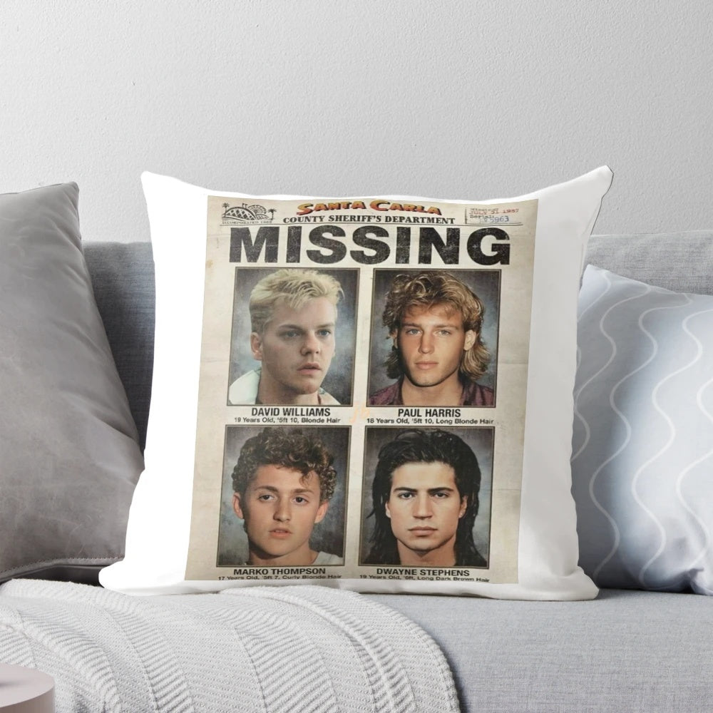 The Lost Boys missing flyer pillow featuring iconic imagery from the 80s vampire movie