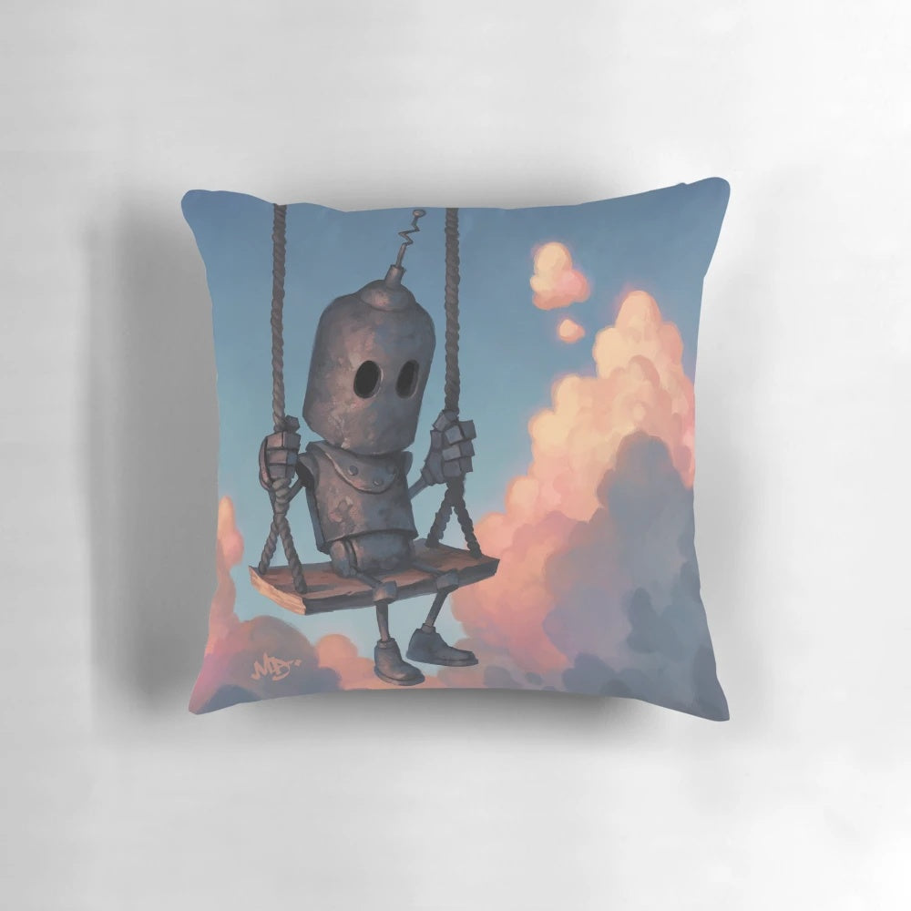 A cute, rusty robot pillow holding a weather report