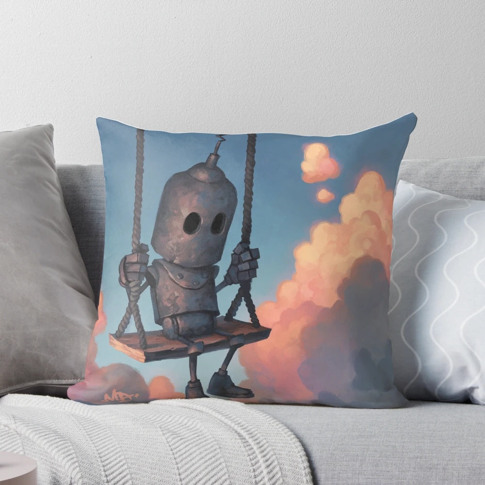 A cute, rusty robot pillow holding a weather report