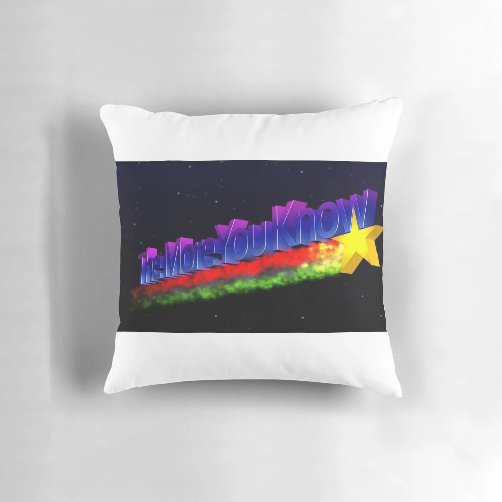 A cozy pillow with a retro "The More You Know" star design
