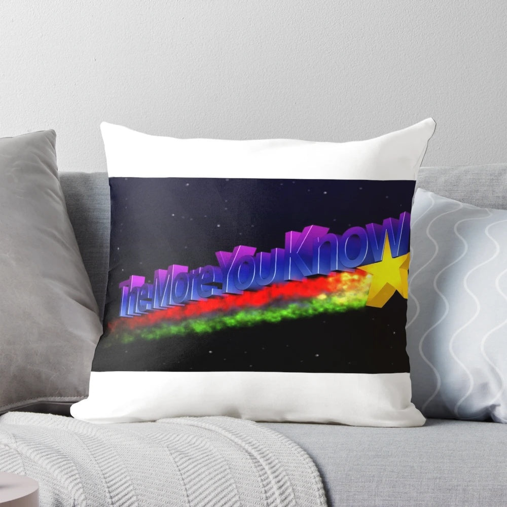 A cozy pillow with a retro "The More You Know" star design