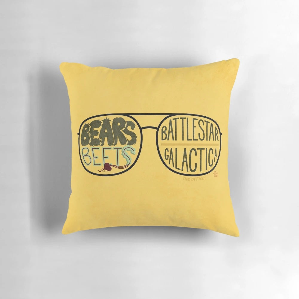 A decorative pillow featuring a quote from the TV show The Office, with Jim Halpert impersonating Dwight Schrute.