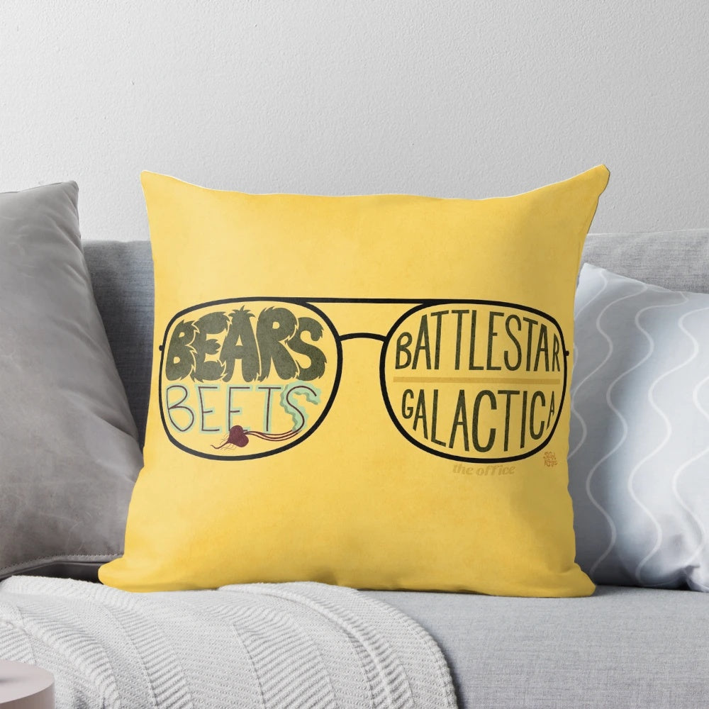 A decorative pillow featuring a quote from the TV show The Office, with Jim Halpert impersonating Dwight Schrute.