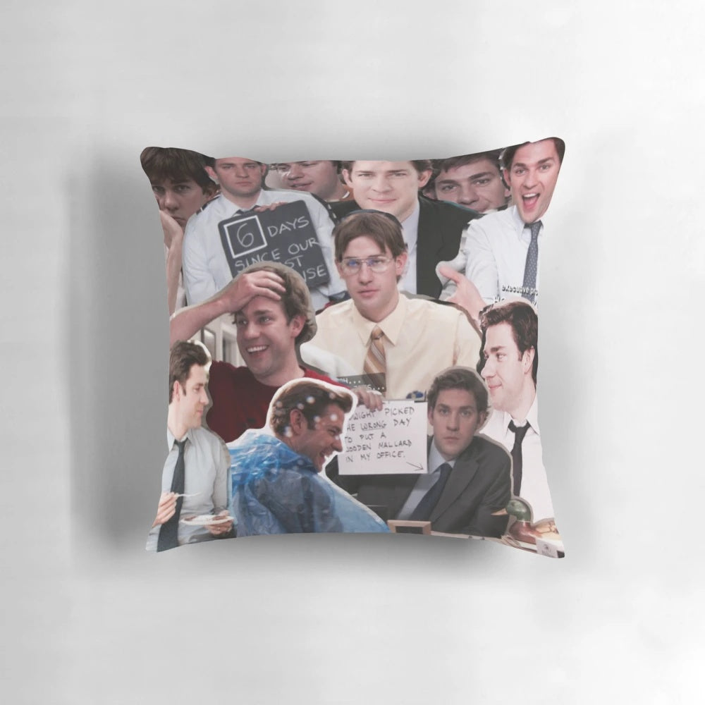 A plush pillow featuring the character Jim Halpert from the popular TV series The Office.