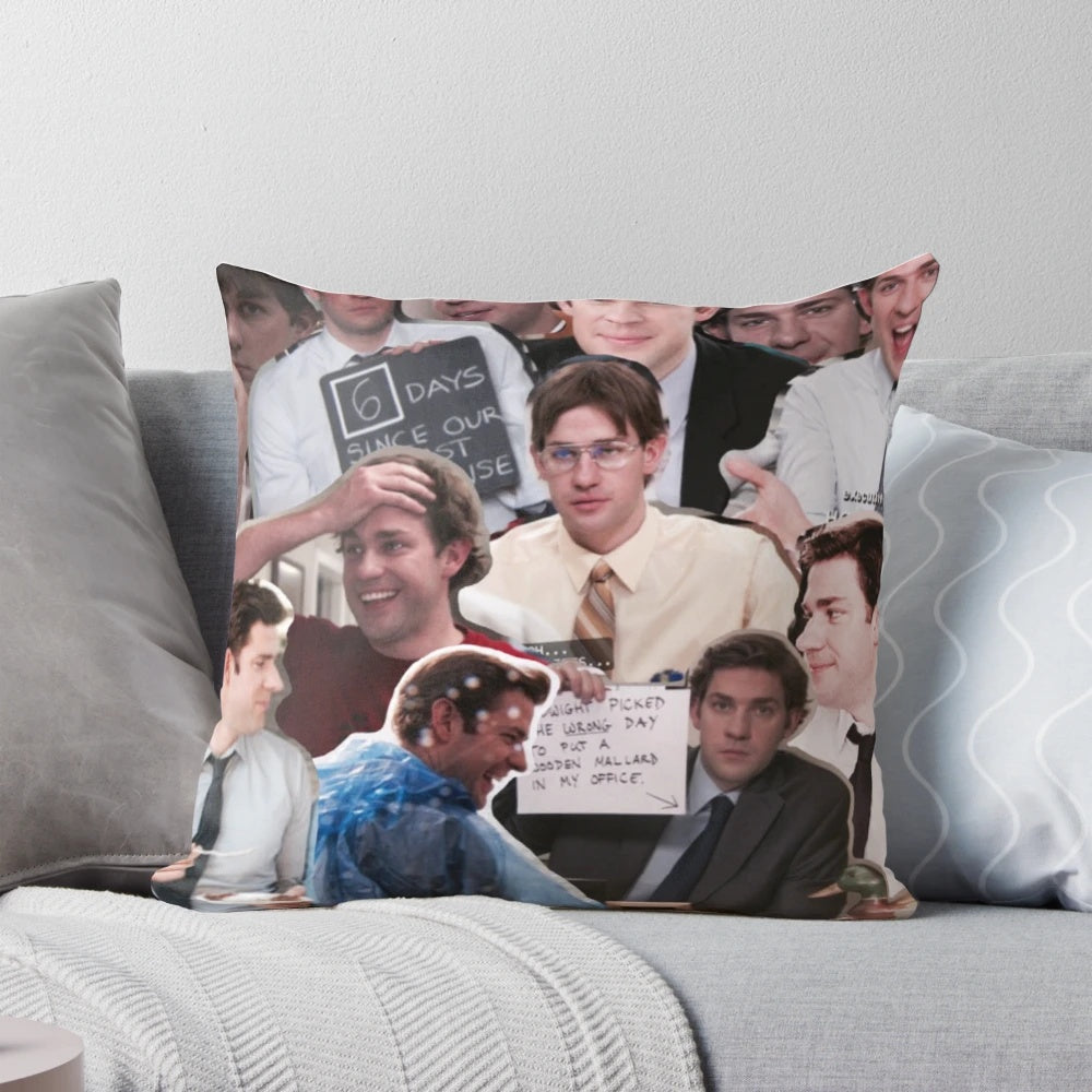 A plush pillow featuring the character Jim Halpert from the popular TV series The Office.