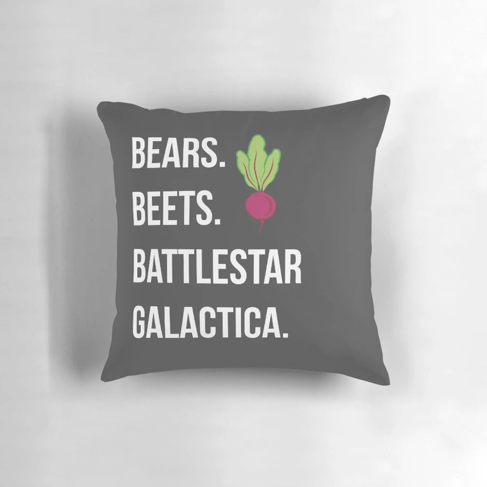 The Office-inspired decorative pillow featuring the iconic phrase "Bears. Beets. Battlestar Galactica.