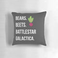 The Office-inspired decorative pillow featuring the iconic phrase "Bears. Beets. Battlestar Galactica.