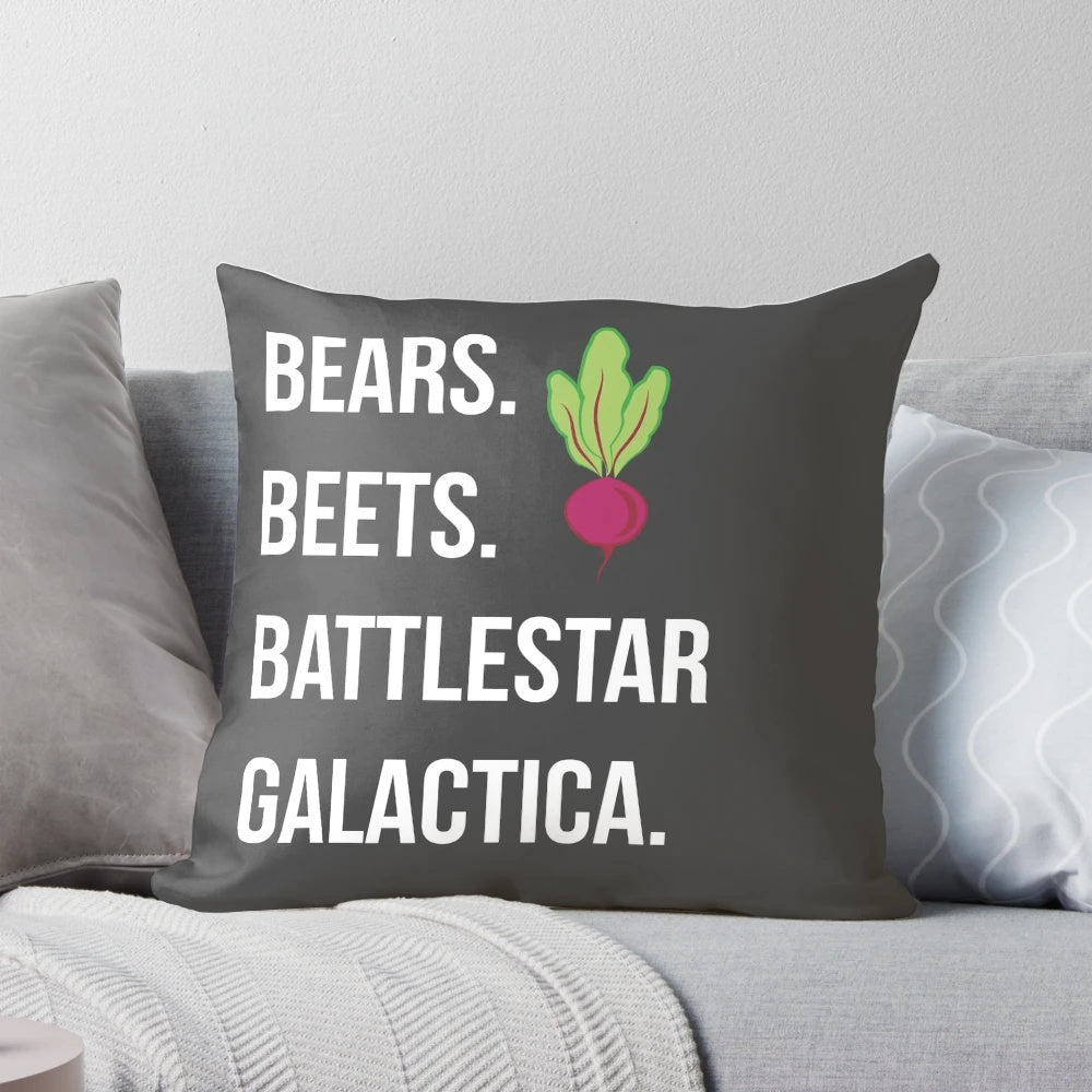 The Office-inspired decorative pillow featuring the iconic phrase "Bears. Beets. Battlestar Galactica.