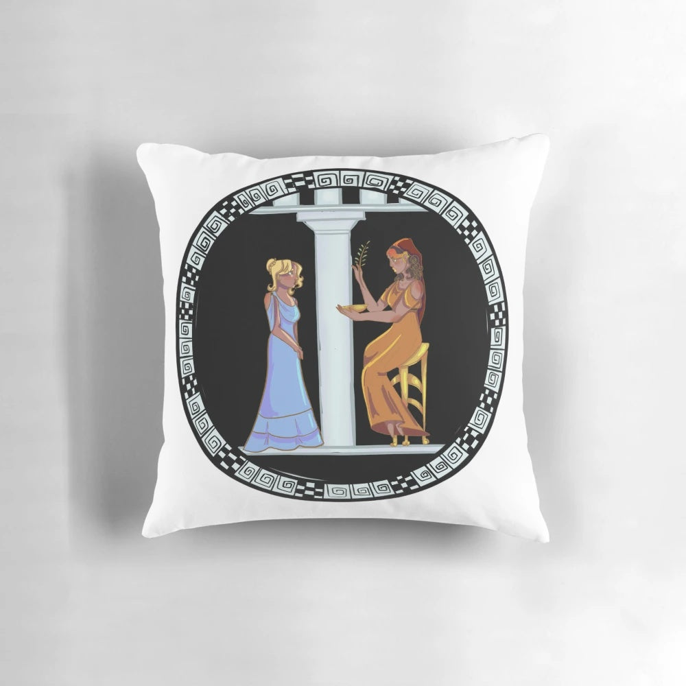 An ornate pillow featuring Greek mythological symbols and design, the perfect accessory for the modern mystic.