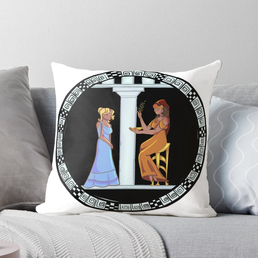 An ornate pillow featuring Greek mythological symbols and design, the perfect accessory for the modern mystic.
