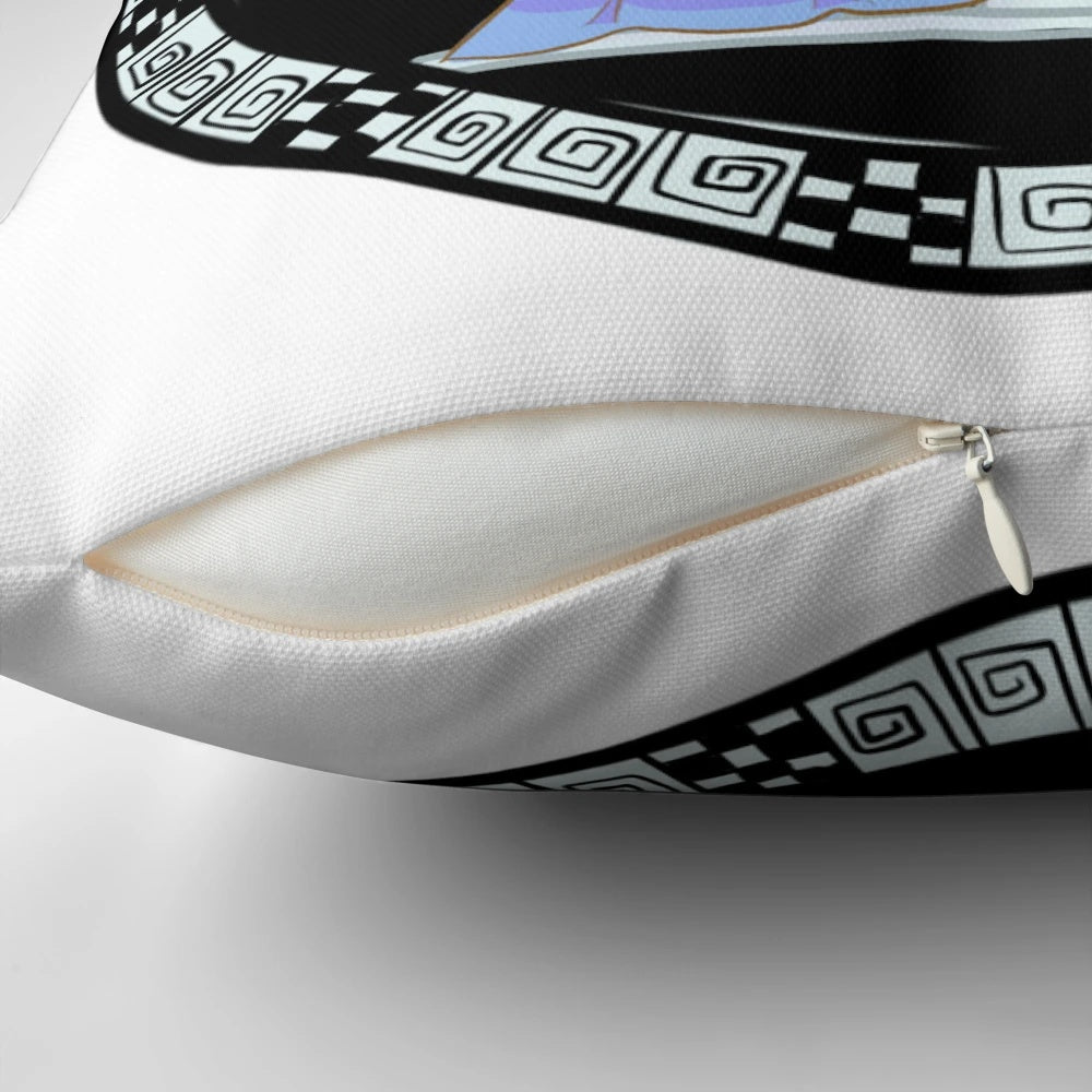 An ornate pillow featuring Greek mythological symbols and design, the perfect accessory for the modern mystic.