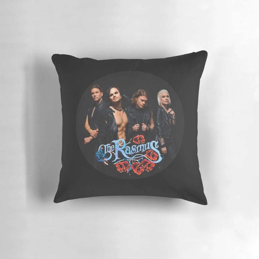 The Rasmus band merchandise including t-shirt, sticker, and hoodie pillow