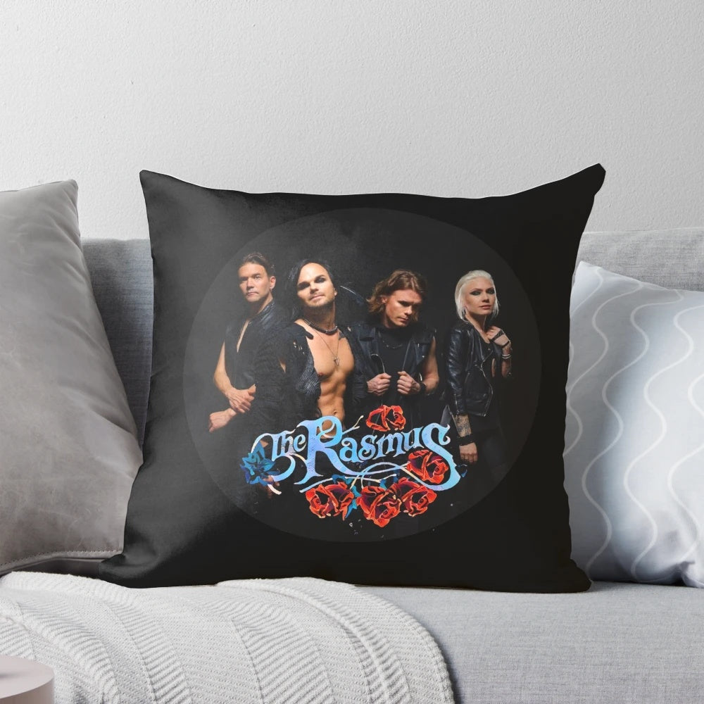 The Rasmus band merchandise including t-shirt, sticker, and hoodie pillow