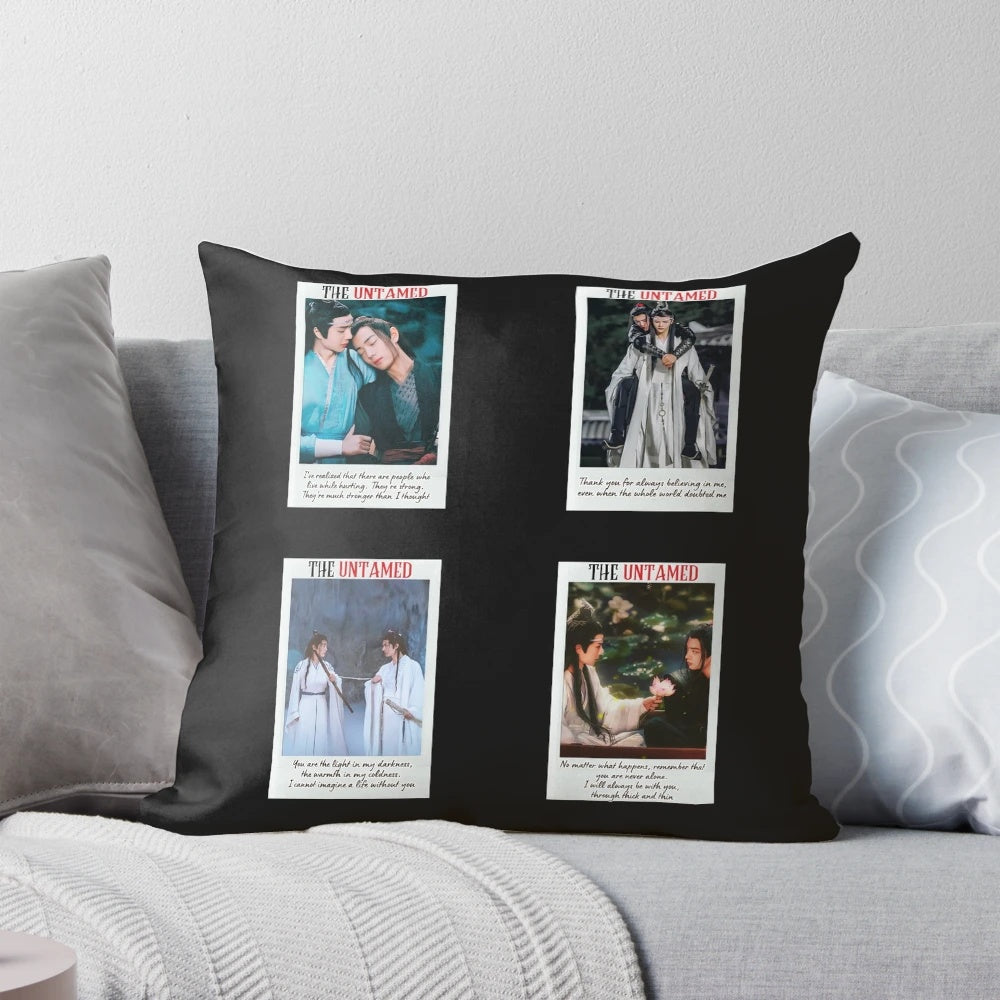 The Untamed BL Series merchandise featuring stickers, t-shirts, and pillows with characters from the popular Chinese drama.