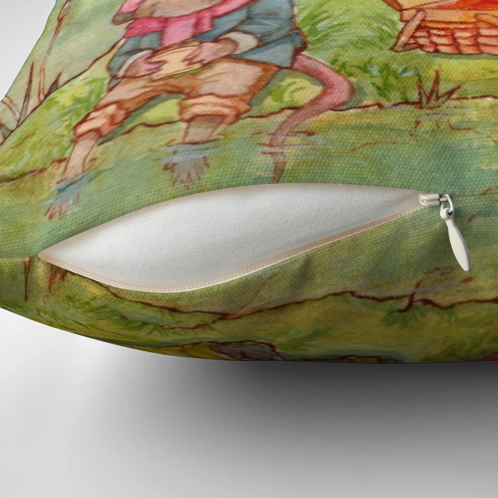 Decorative pillow featuring a watercolor illustration of characters from the classic children's book "The Wind in the Willows" by Kenneth Grahame.